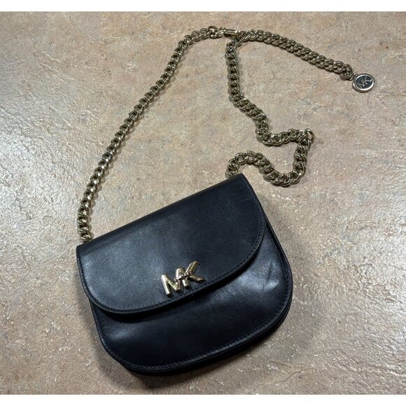 EXCELLENT Michael Kors Black Leather Chain-Belt Bag Fanny Pack MK Logo - Picture 3 of 13